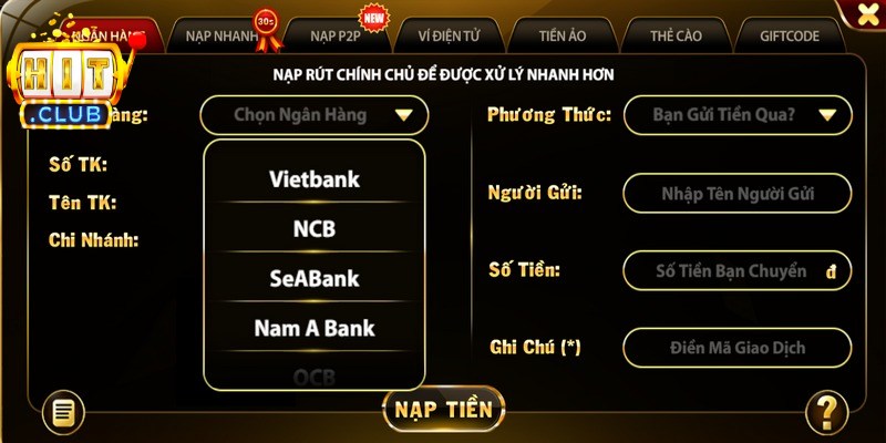Thưởng Nạp Tiền Qua Ngân Hàng Cho Mọi Hội Viên Hitclub 2 Thưởng nạp tiền qua ngân hàng mang đến ưu đãi cực lớn